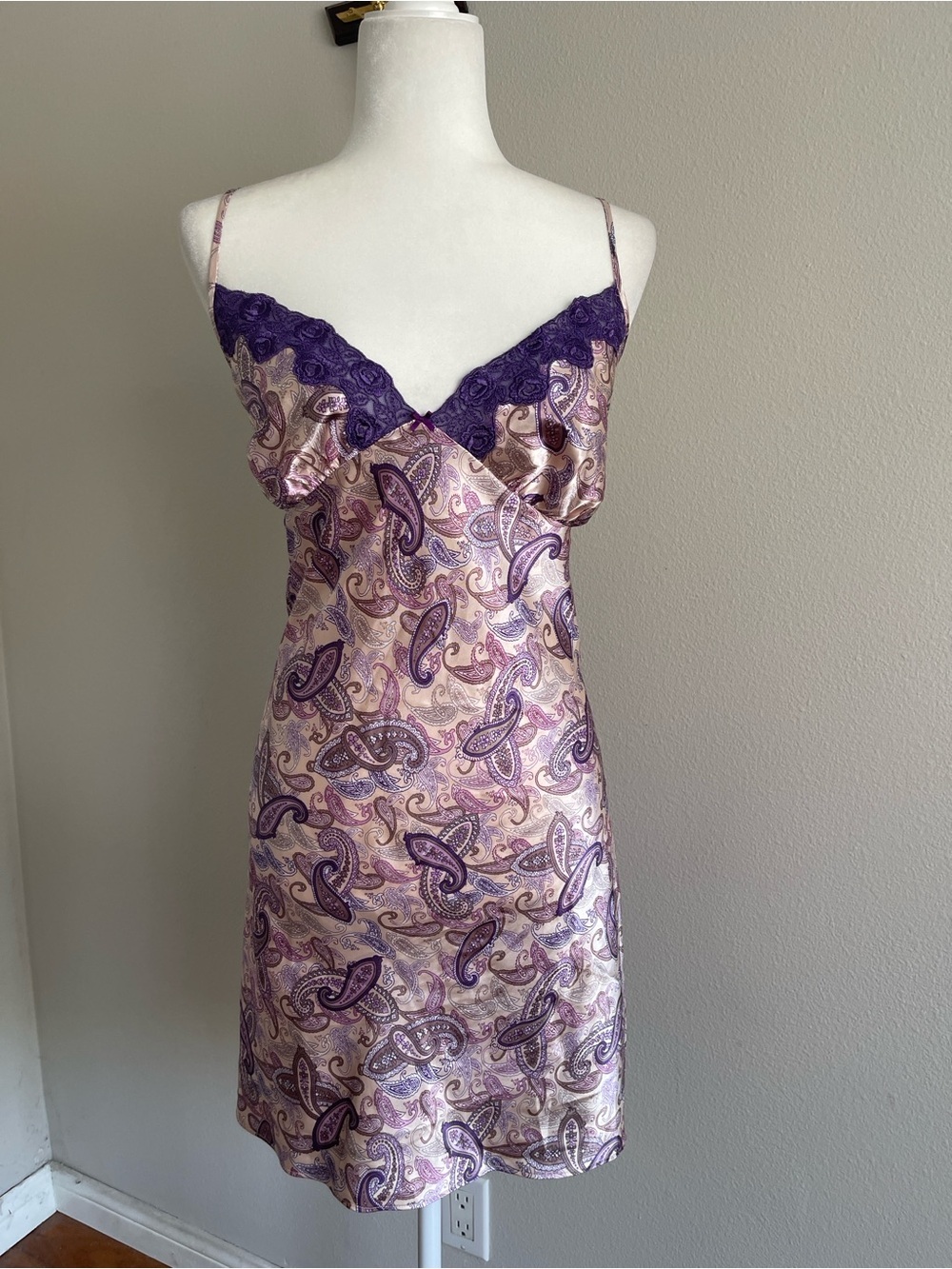 Secret Treasures Purple Paisley Satin Slip with Lace Trim